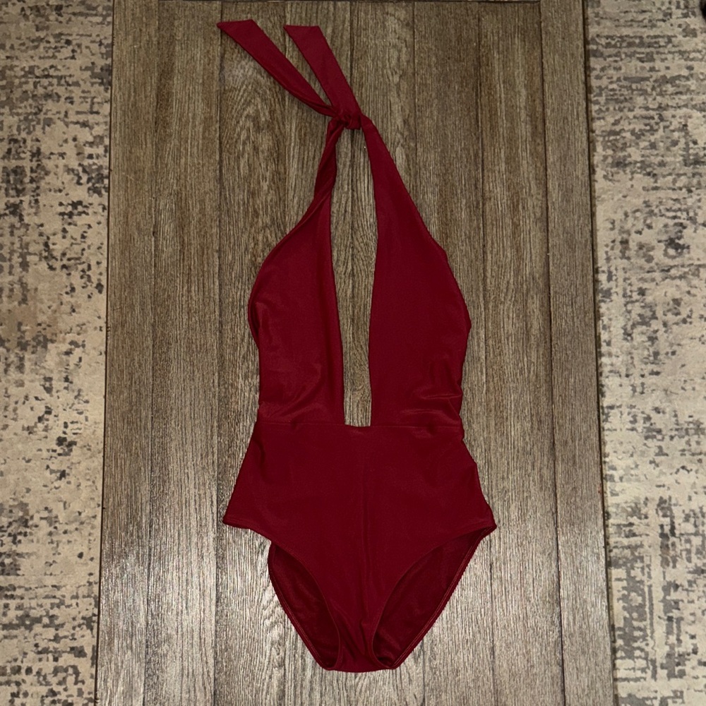 Aerie Plunging Halter Cheeky One-Piece Swimsuit Burgundy Red